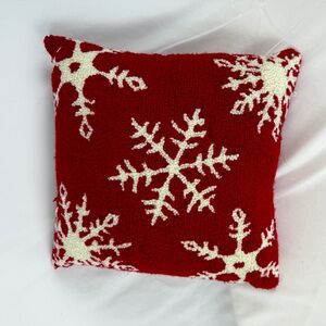Hand Hooked Square Throw Pillow Red with White Snowflakes 14 X 14 Excellent